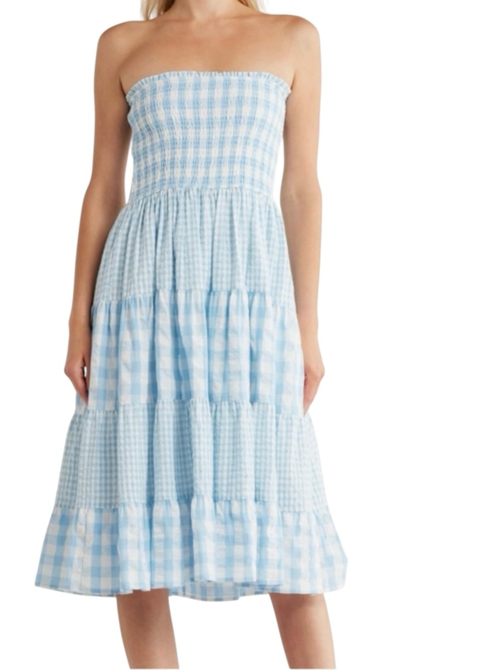 Avec Les Filles NWT Light Blue Gingham Smocked Convertible Midi Dress Large